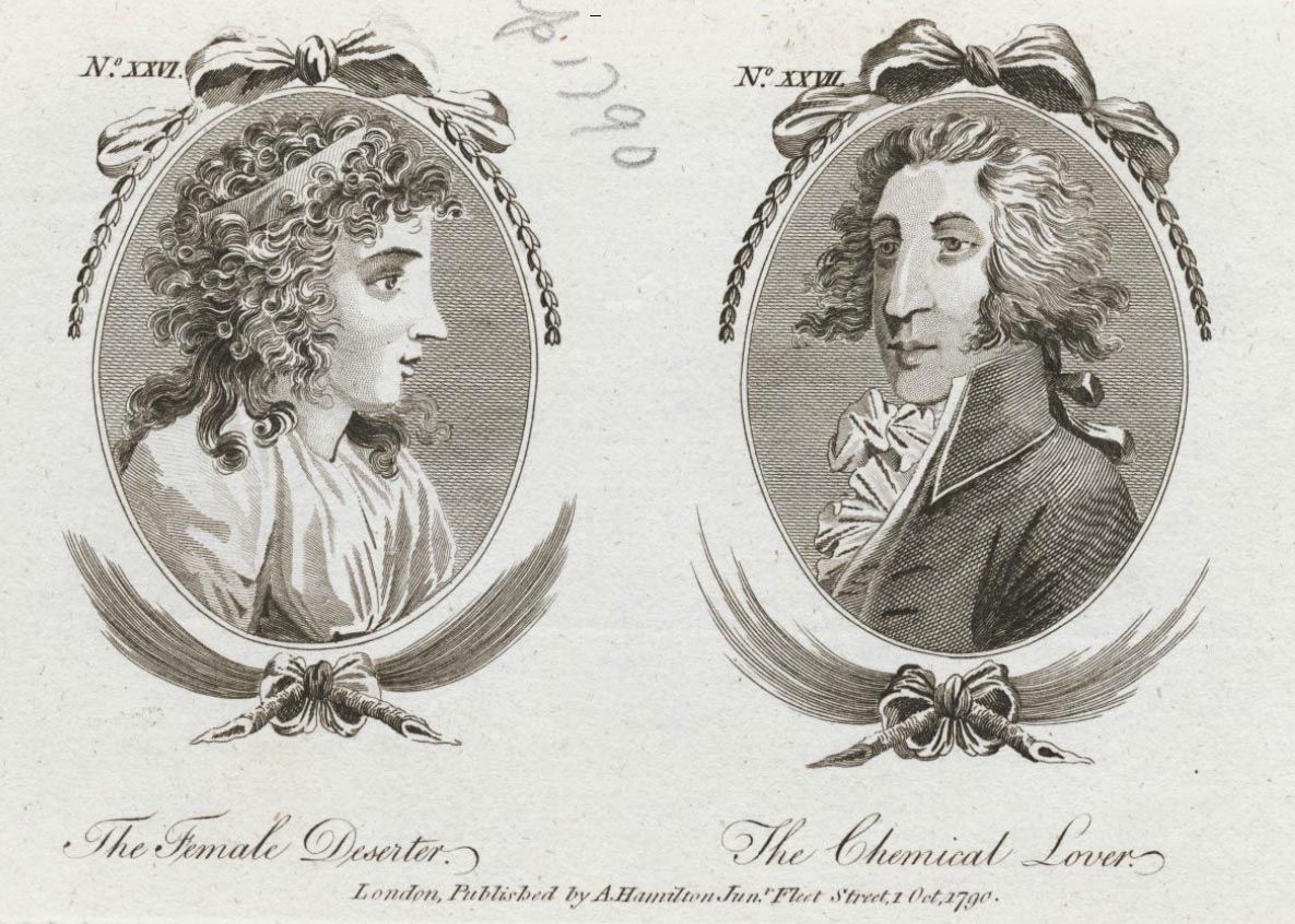 Caricatures of Lydia and Francis as published in Town and Country Magazine, 1 Oct 1790